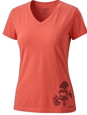Patagonia Organic Cotton V-Neck Graphic T-Shirt Floral Logo Women XL